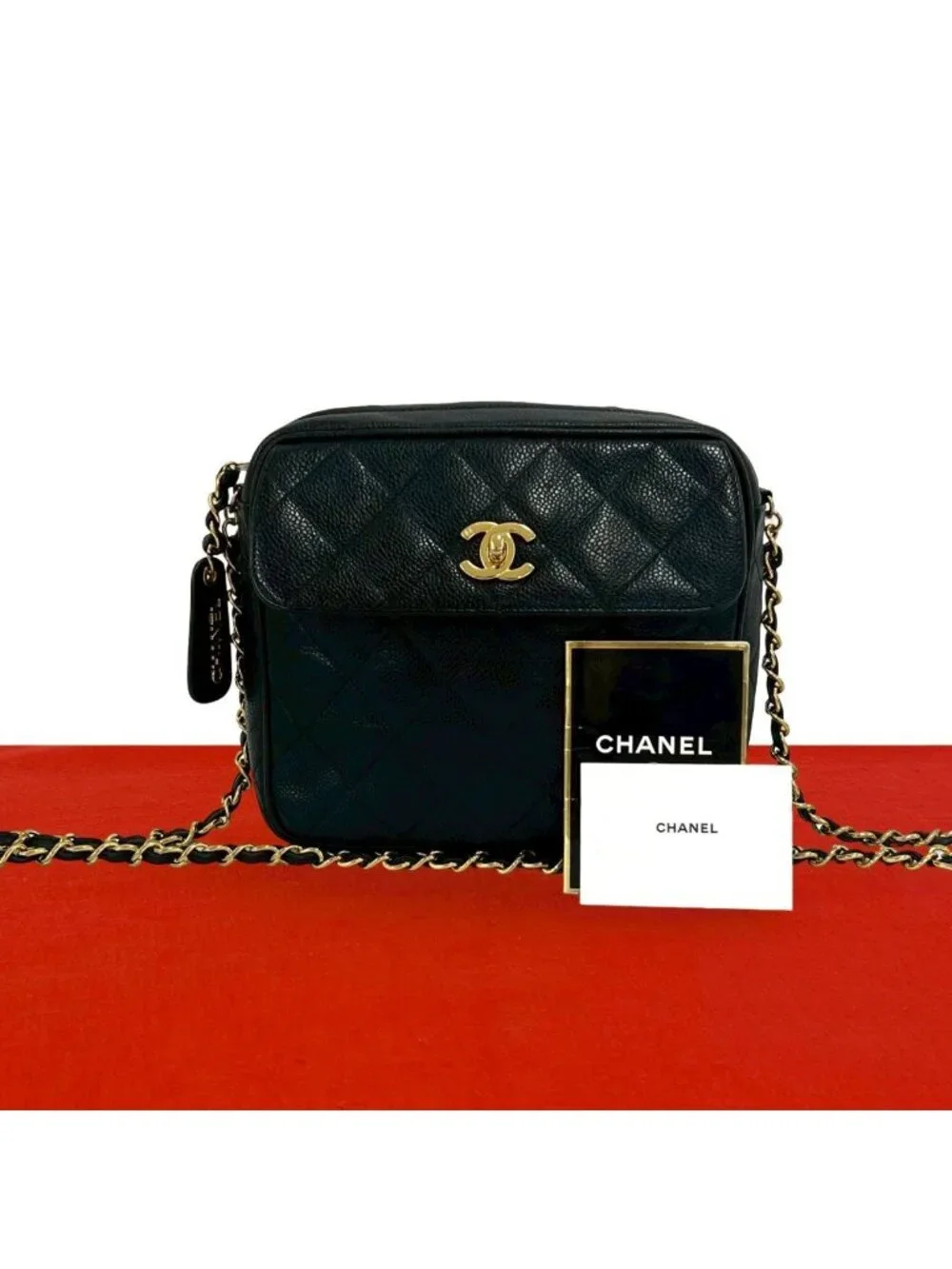 Chanel Vintage Quilted CC Logo Caviar Leather Shoulder Bag Black